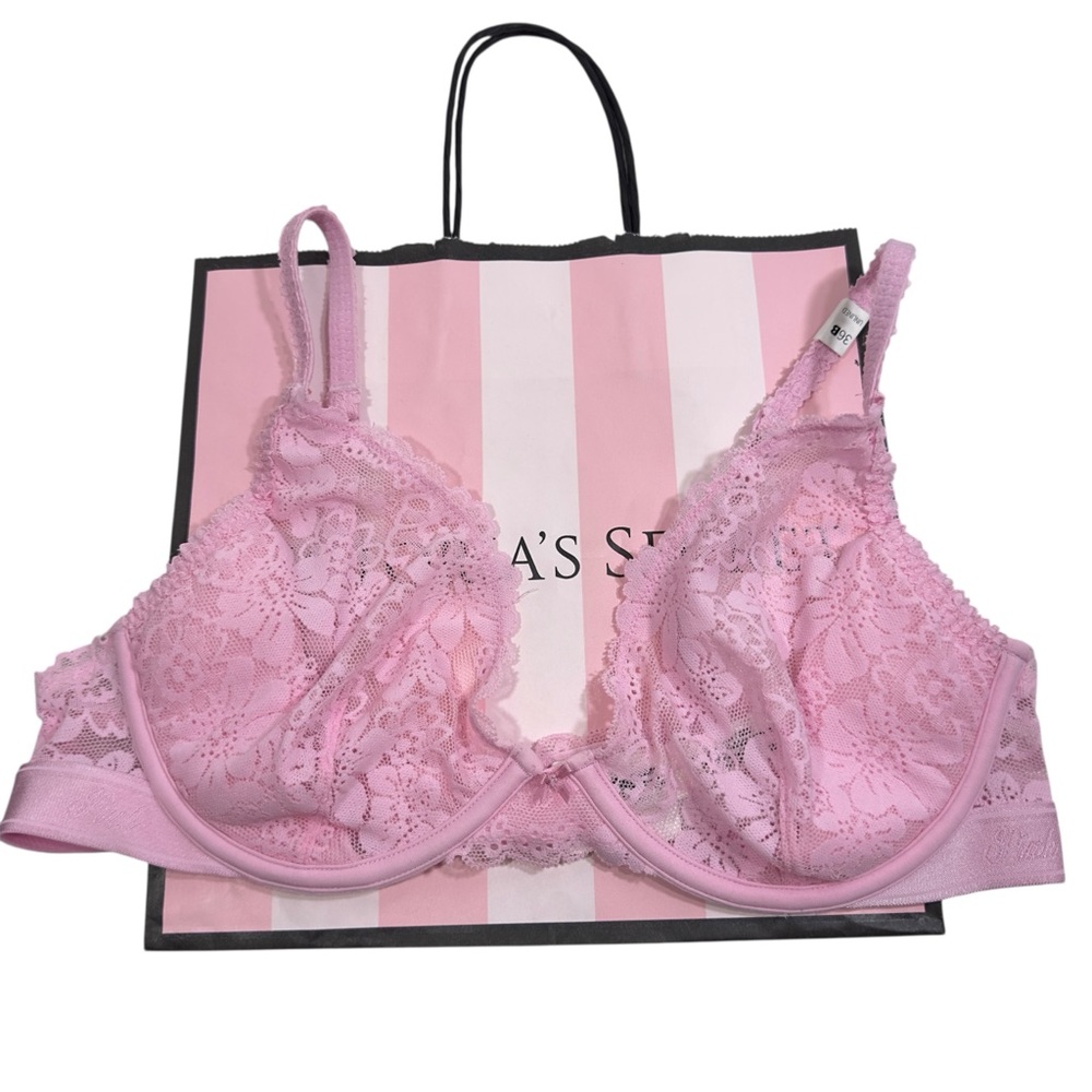 Victoria’s Secret Light Pink Unlined Lace Sheer Bra‎ 36B NWT Floral Embroidery